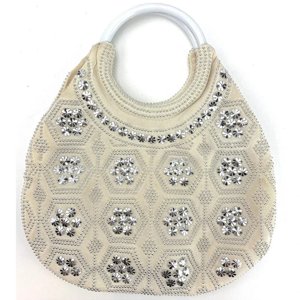 Vintage‎ 80s 11x13 Starburst Round Handle Purse Handbag Wedding Summer Coastal